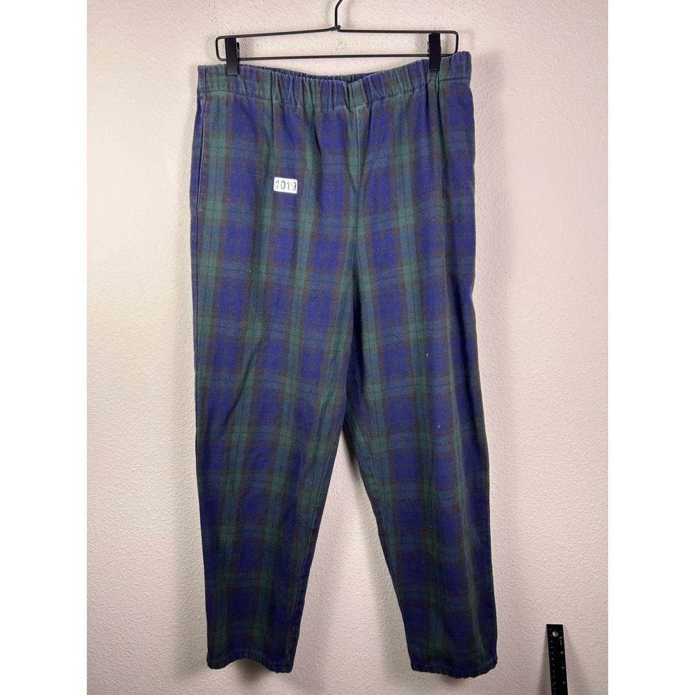 Lands End Blue Green Plaid Flannel Pajama Pants Womens 12 Cotton Lounge Trousers
